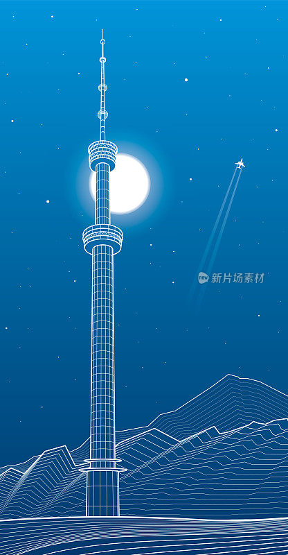阿拉木图市山上的电视塔。Kok Tobe，哈萨克斯坦。白色轮廓插图。晚上ladscape。矢量设计艺术